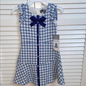 Kids Formal Dress with Blue Checkered Pattern and Velvet Bow